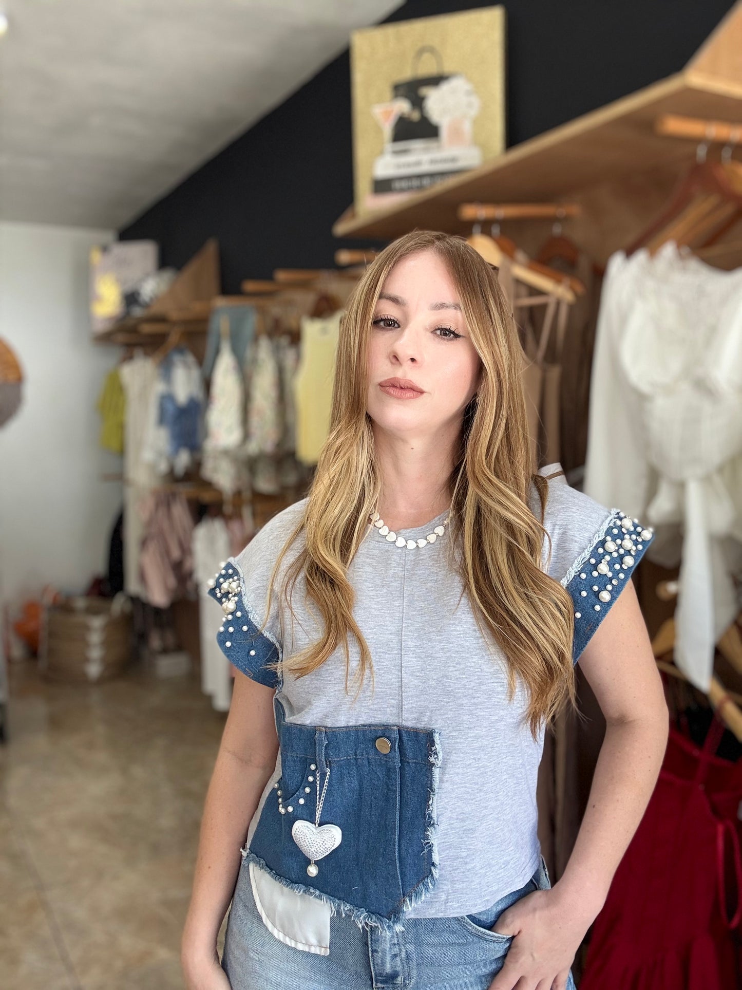 Gray & Denim Top