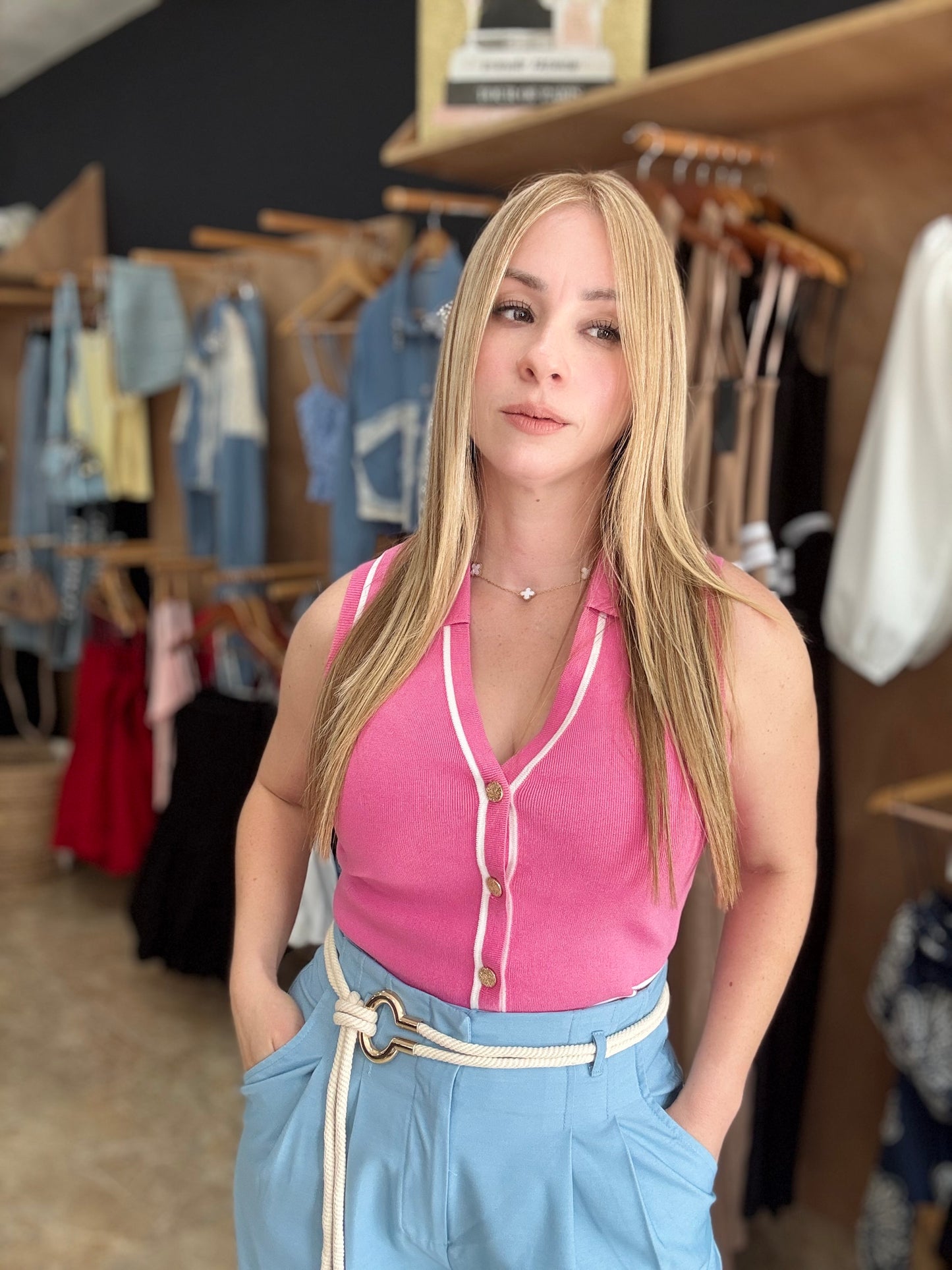 V Neck Pink Top