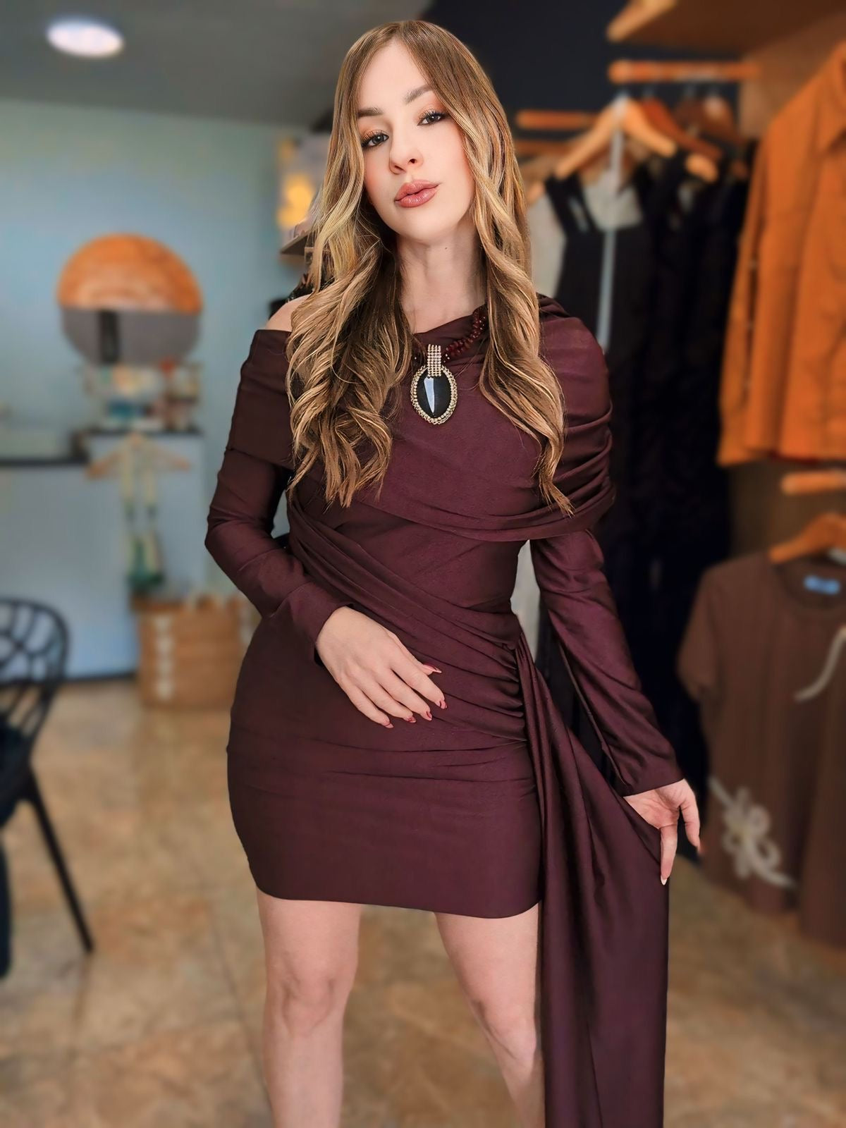 One Shoulder Brown Dress