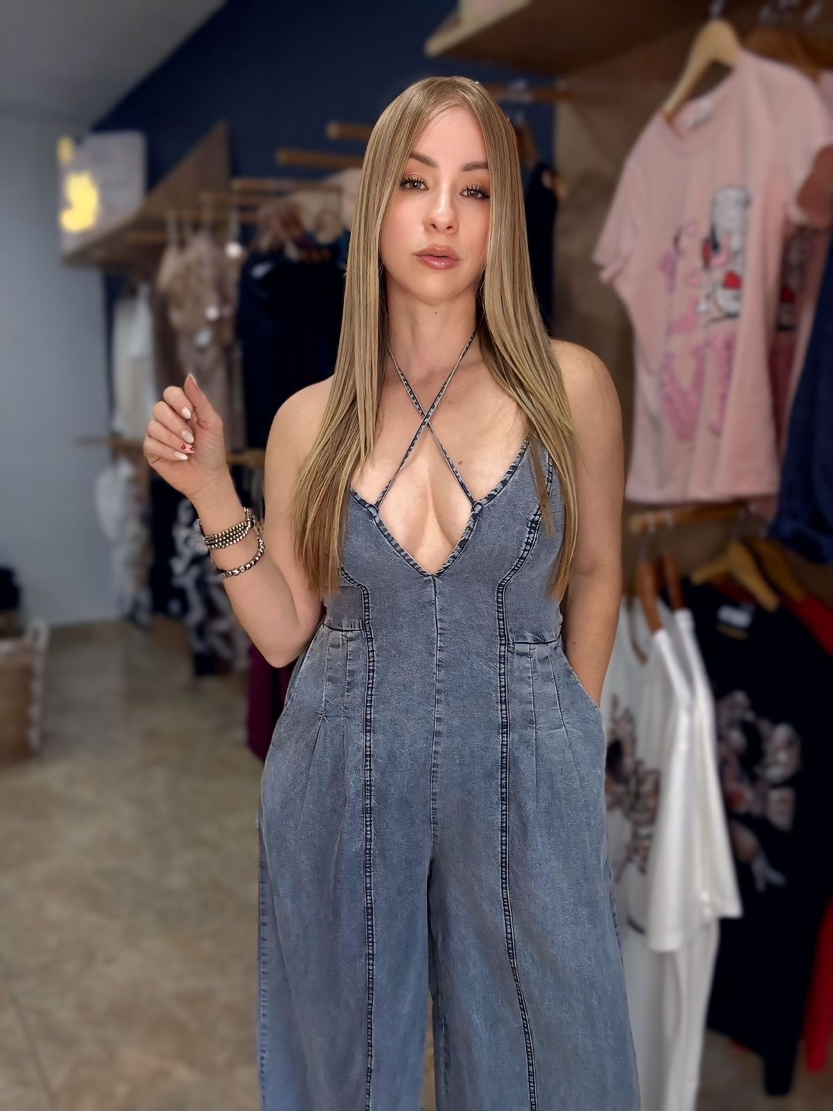Strappy Halter denim Jumpsuit