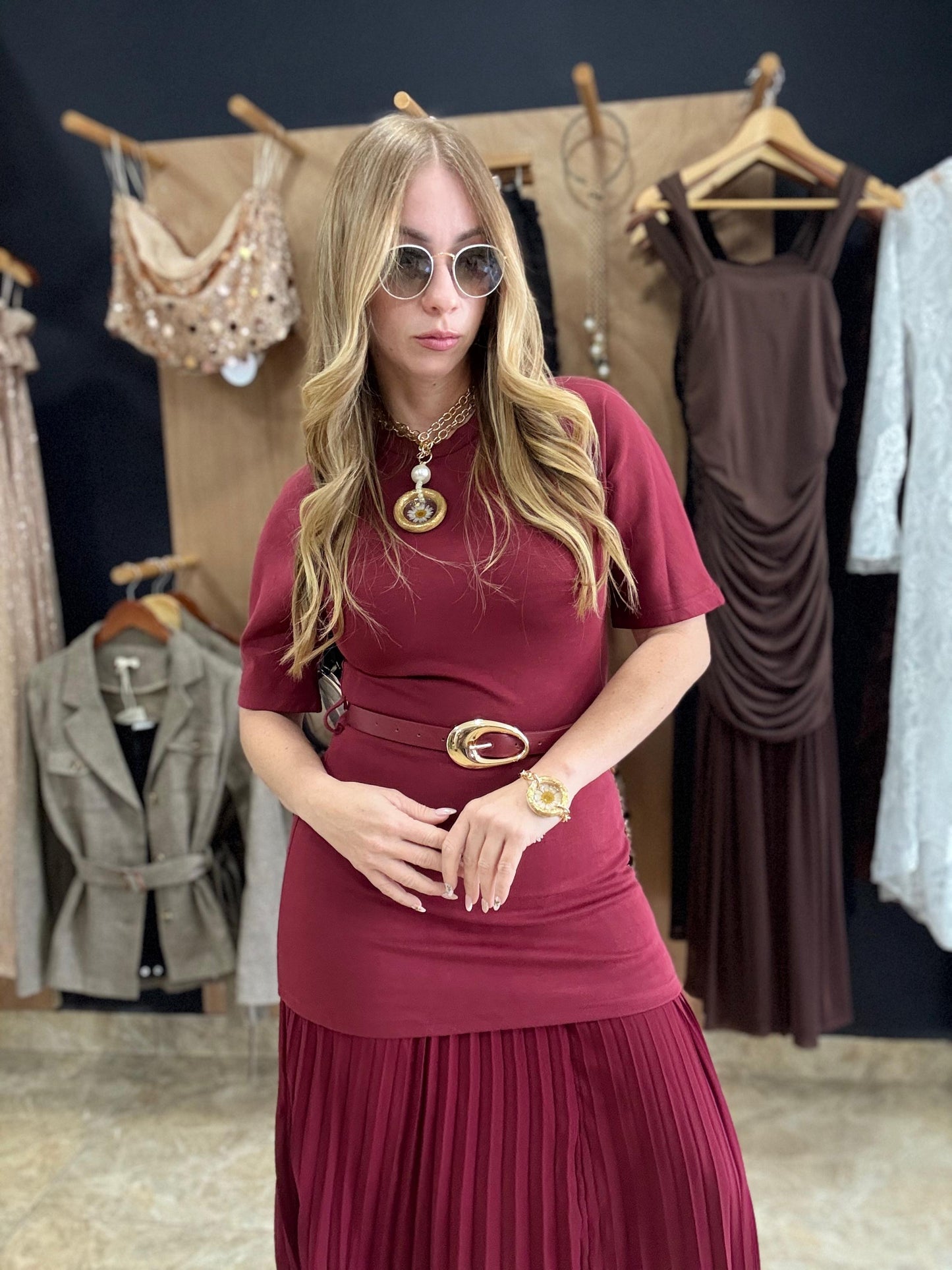 Burgundy belted maxi dress