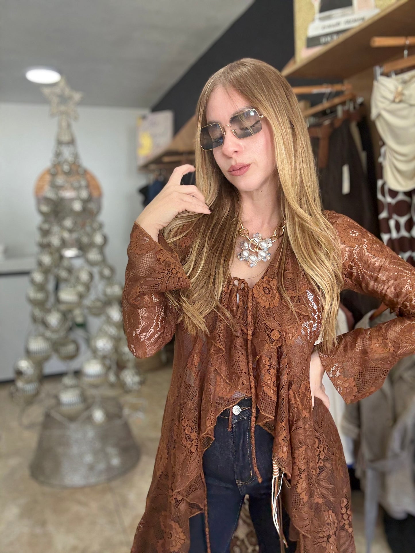 Hi low Lace top Brown