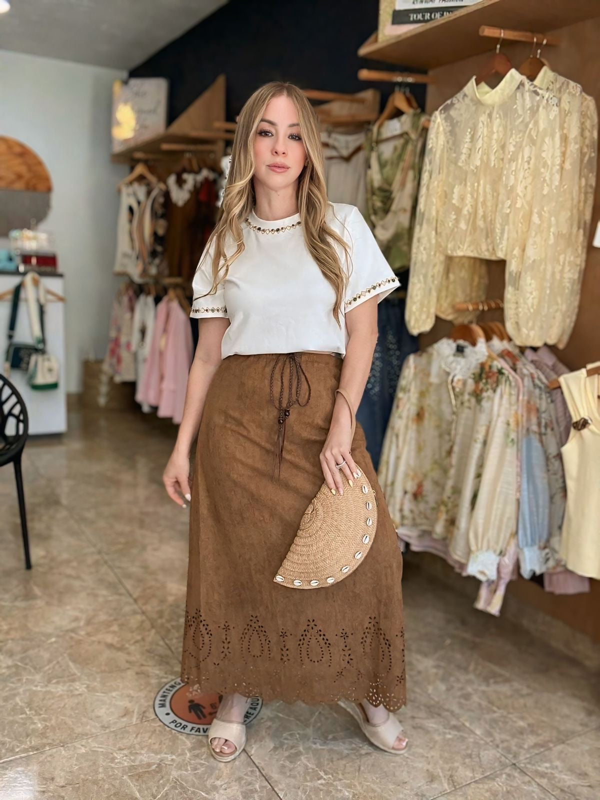 Camel Eyelet Details Skirt