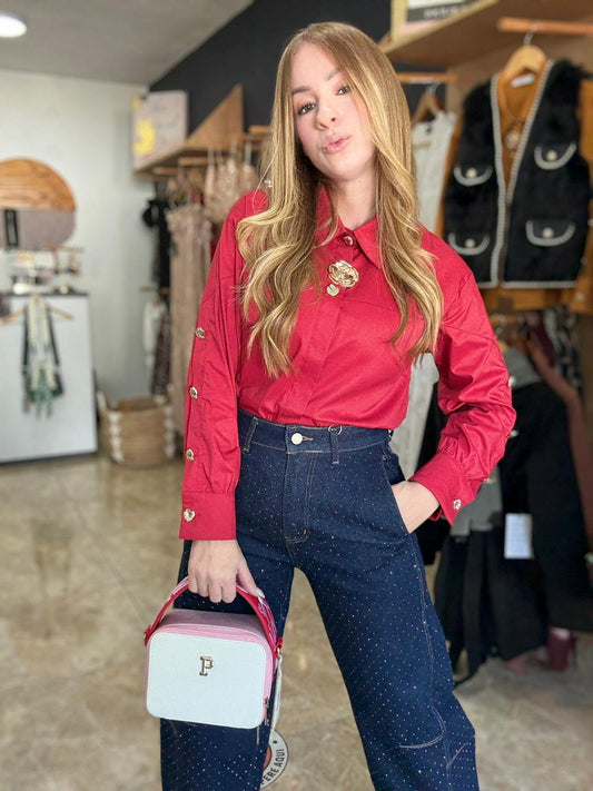 Red button-detail blouse