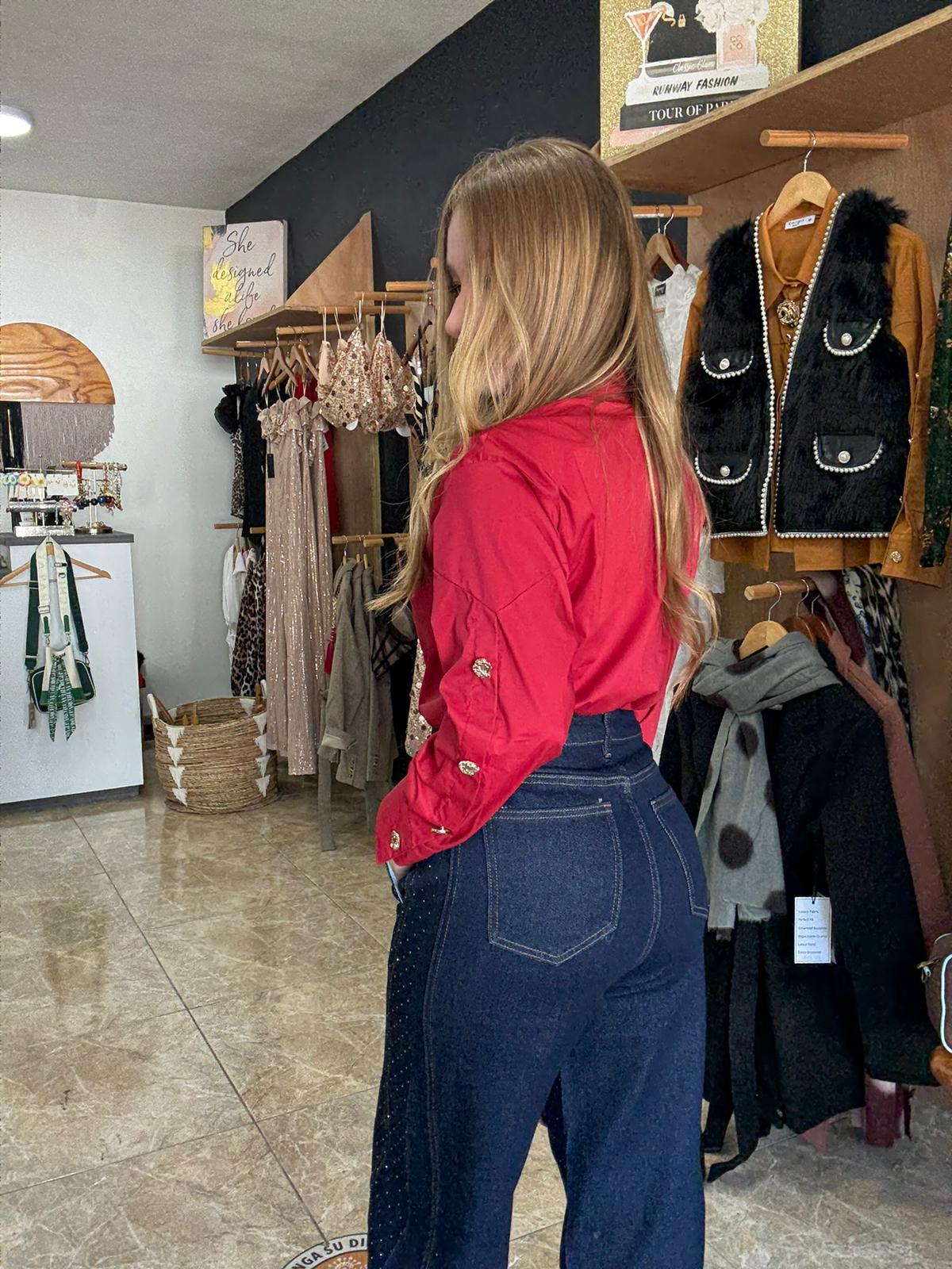 Red button-detail blouse