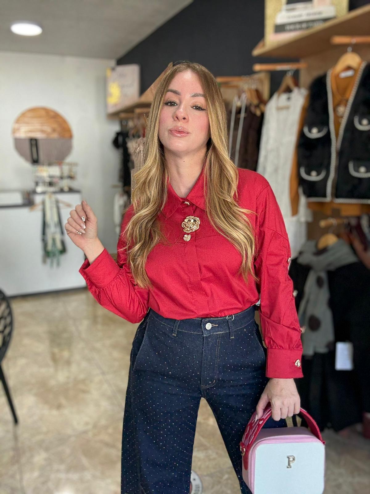 Red button-detail blouse