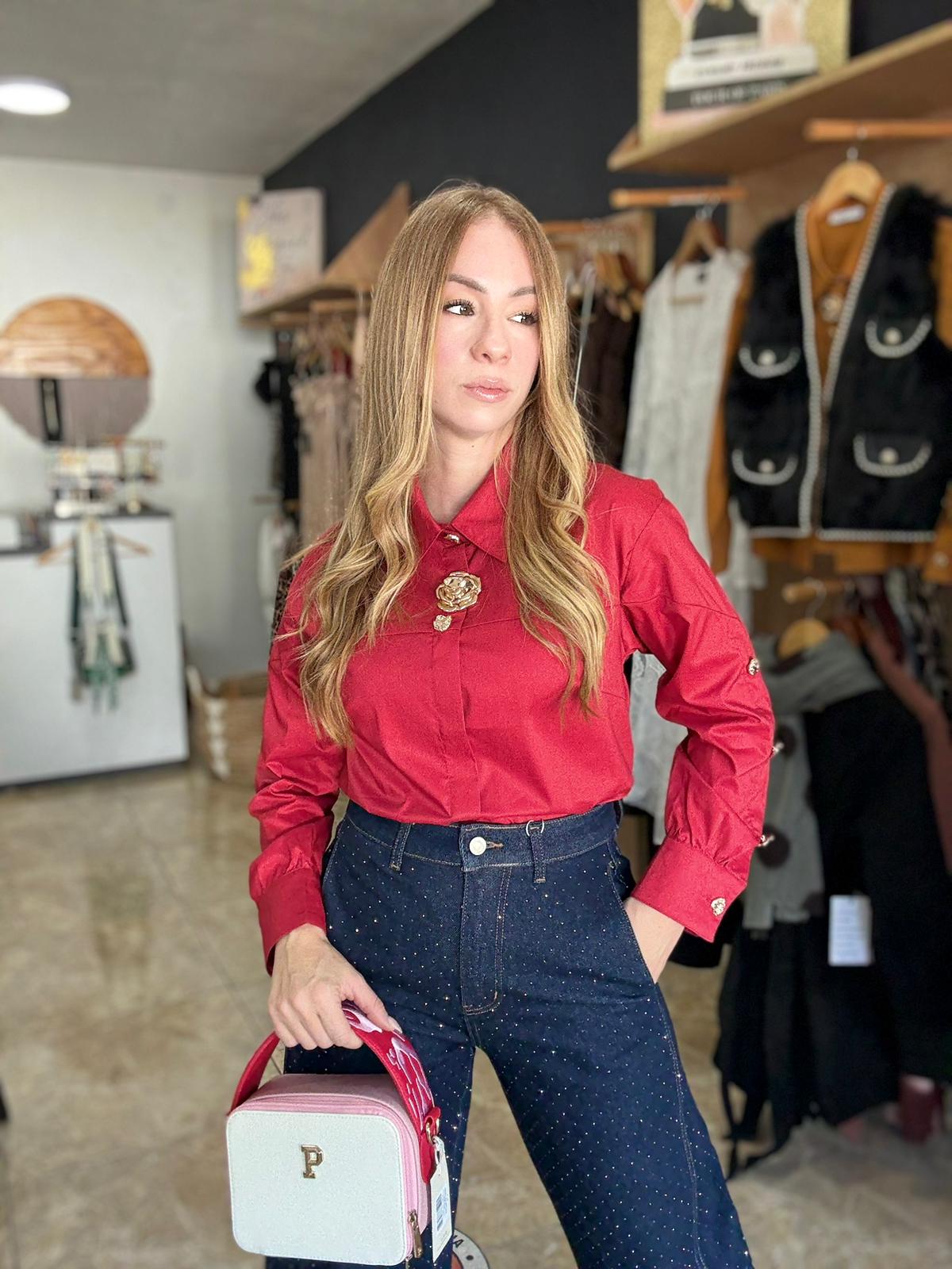 Red button-detail blouse