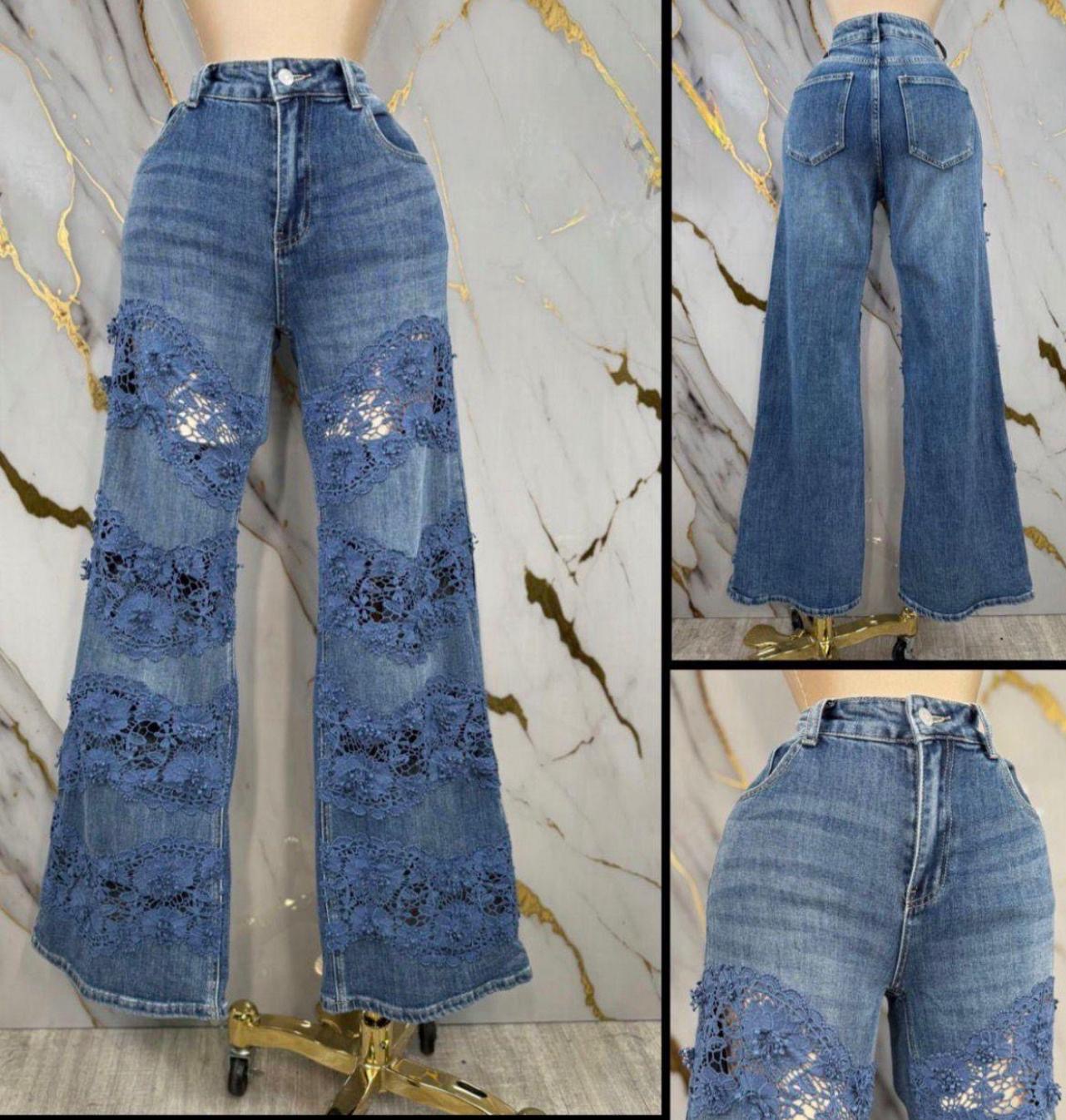 Lace panel flare jeans